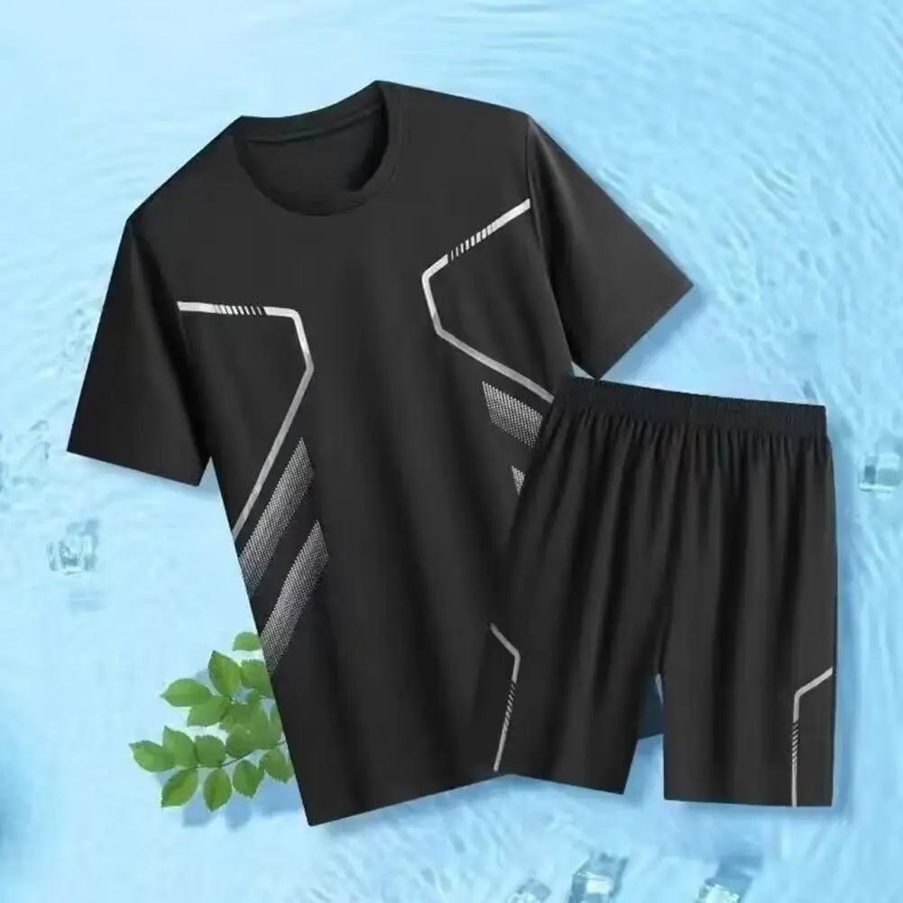 Men Tracksuit Set Men's Quick-drying Sportswear Set with Round Neck Tee Shirt Elastic Waist Shorts 2 Piece Tracksuit for Active