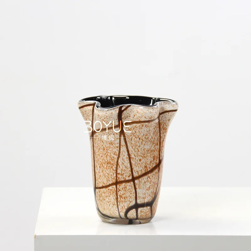 Brown irregular striped large mouth glazed vase creative light luxury model room surprise quiet wind art soft decoration