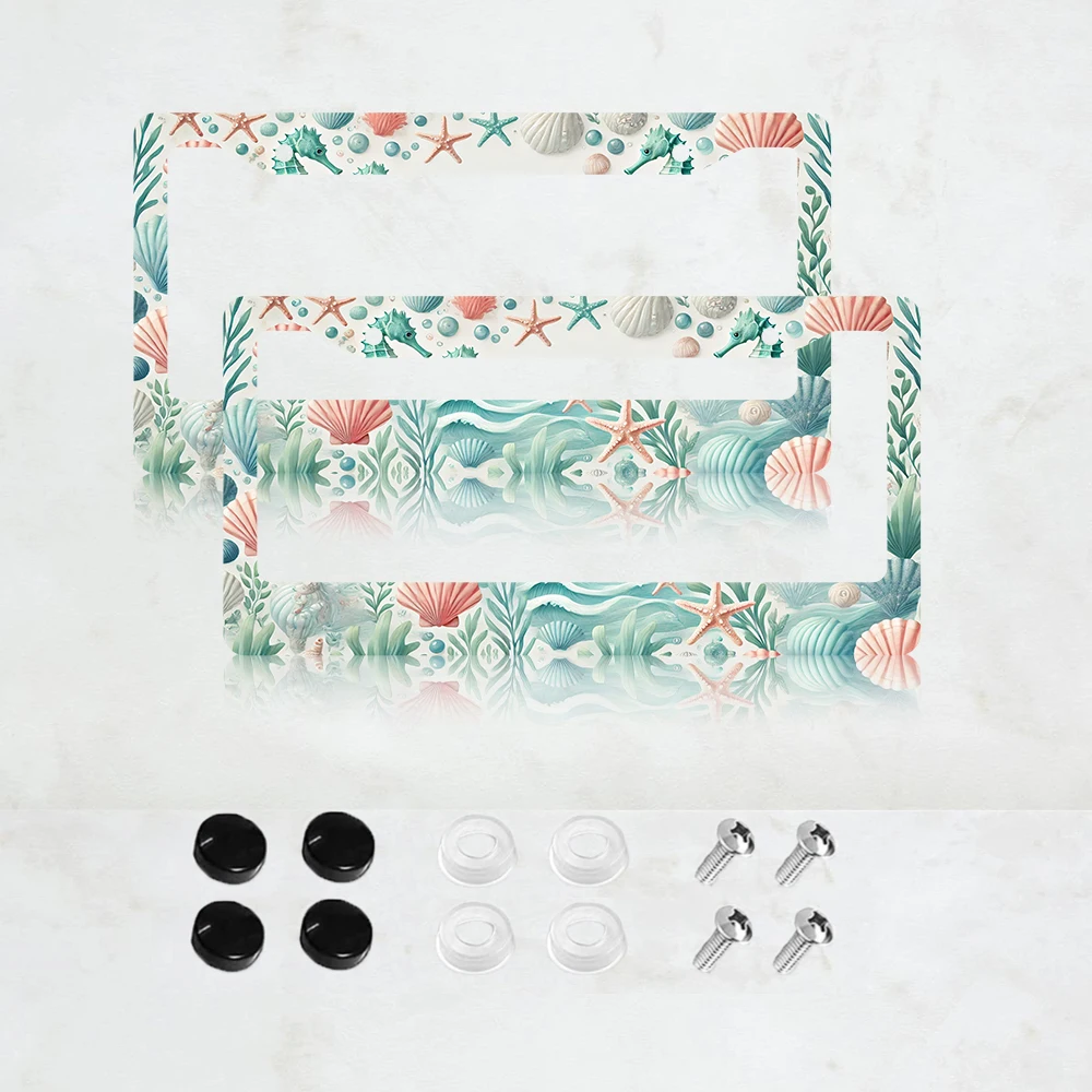

2 шт. Алюминиевая рамка для номерного знака с рисунком морских ракушек и синих волн - стандартный размер США, декоративная рамка для автомобильного номерного знака