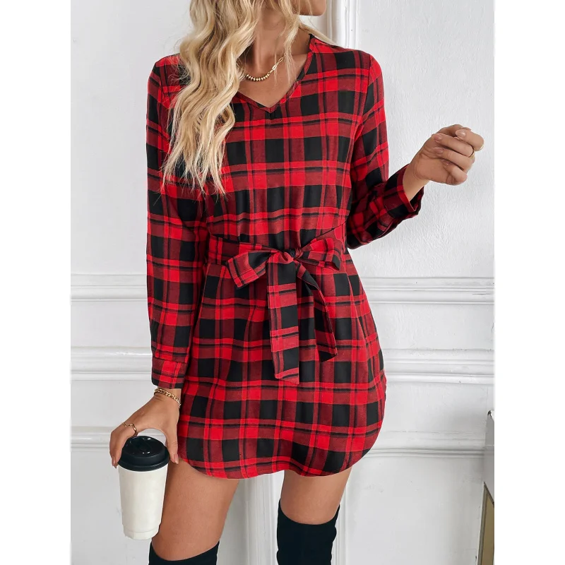 2025 Spring/Summer Collection: Elegant Checkered Long-Sleeve Dress - Versatile Wrap Style with Waist women dress