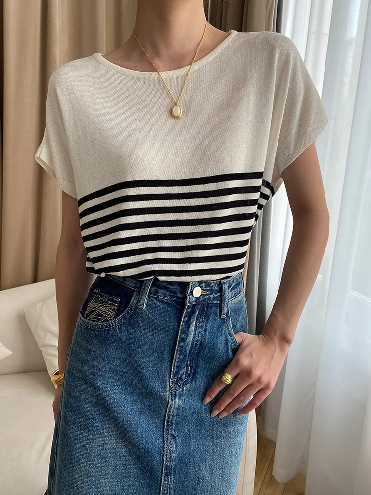 

Women Black Striped Print Color-block Big Size T-shirt New Round Neck Short Sleeve Fashion Tide Spring Summer 2023 H343