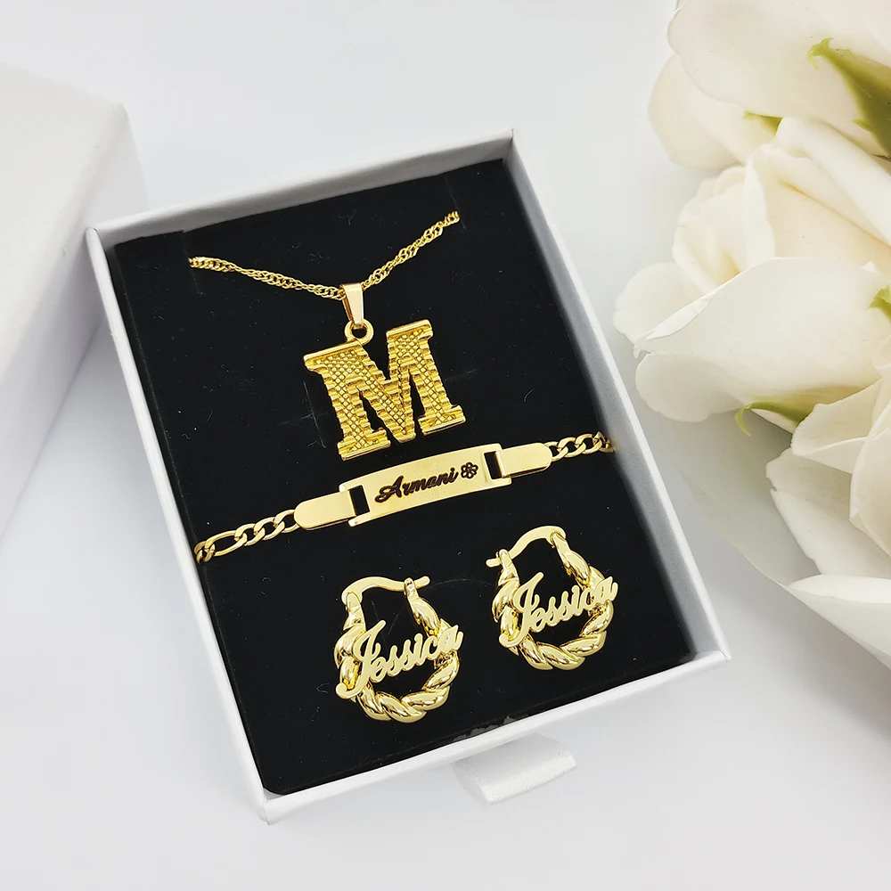 

GoldButterfly Custom Name Jewelry Set Stainless Steel Mini Hoop Earrings 18mm Personalized Baby Girls Jewelry 3pcs Set Gifts