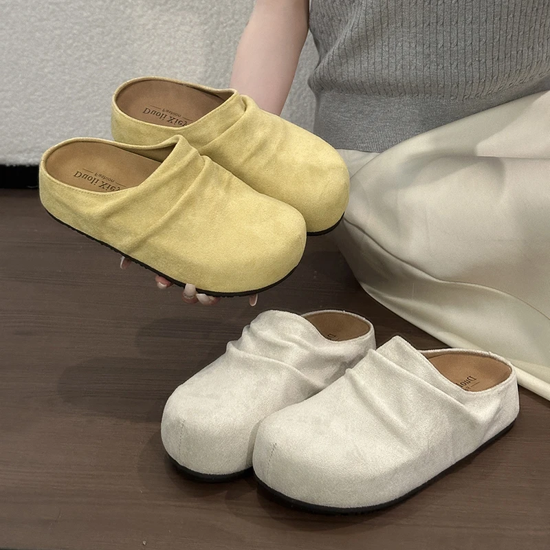 

Women's Pleated Closed Toe Mules Soft Fabric Thick Platform Sole Casual Slip-On Slides Home Outdoor Slippers for Summer Daily