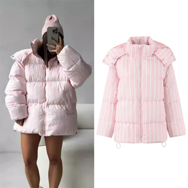 

Women's Coat 2025 Winter New Style Pink Striped Long-Sleeve Loose Hooded Warm Cotton Jacket Casual Fashion Versatile