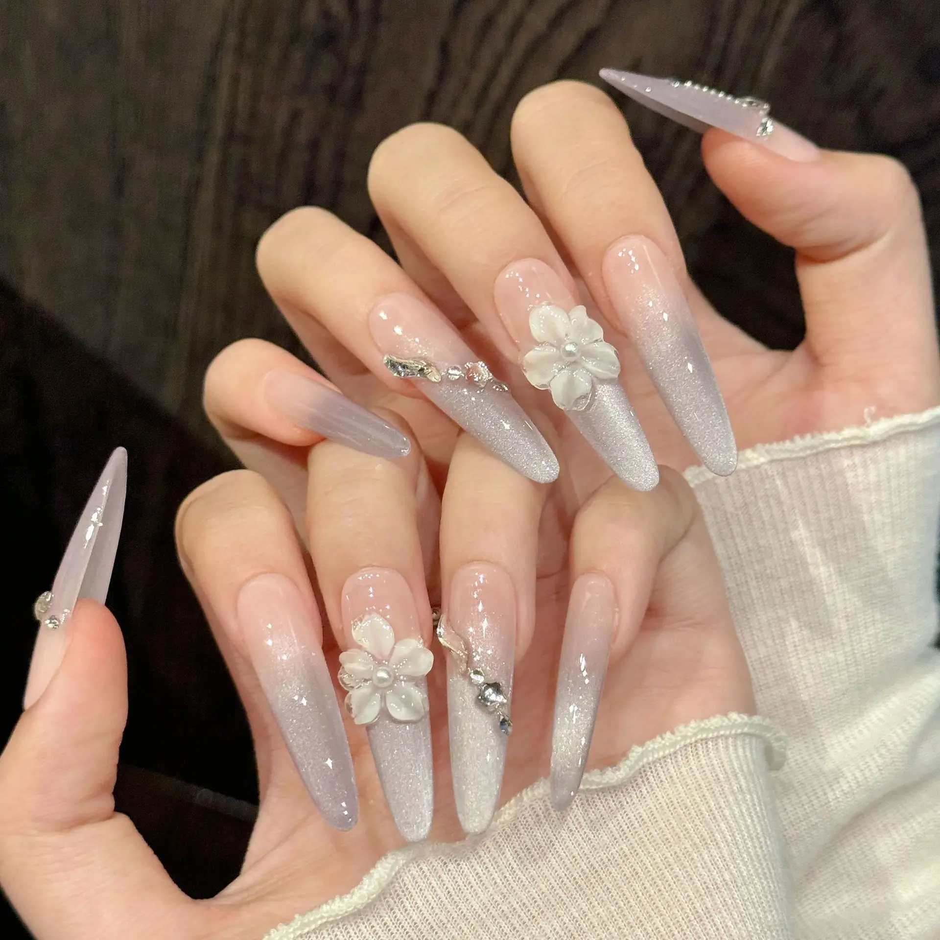 

10pcs Handmade Long Stiletto Press On Nails Pink Light Purple Cat Eye French 3D Carving Flower Design Fake Nails Wearable Nails