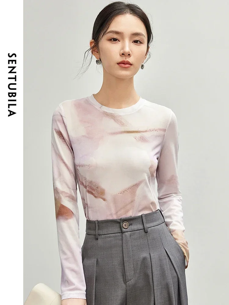 SENTUBILA Art Print Straight T-shirt for Women's 2024 Autumn Round Neck Long Sleeve Mesh Fabric Woman Clothing 143T56379