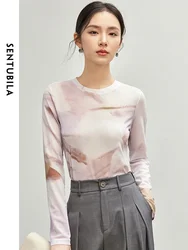 SENTUBILA Art Print Straight T-shirt for Women's 2024 Autumn Round Neck Long Sleeve Mesh Fabric Woman Clothing 143T56379