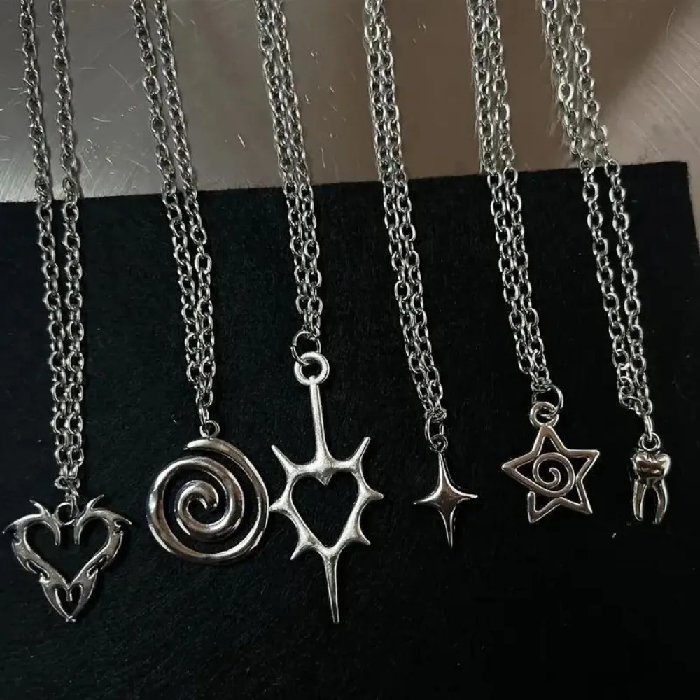 Retro Gothic Irregular Geometry Vortex Heart Star Teeth Pendant Necklace for Men Women Fashion Punk Metal Chain Jewelry Gifts