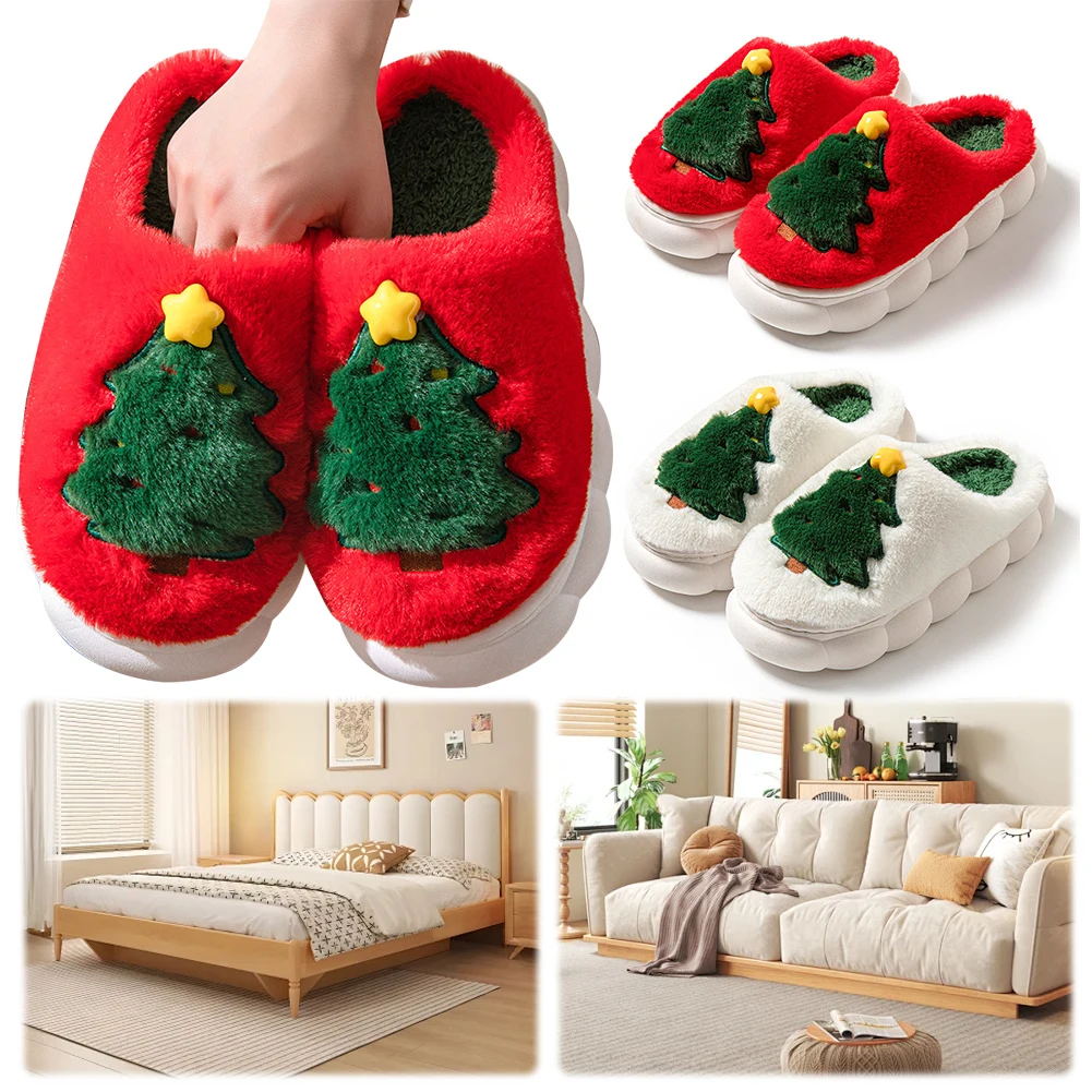 

Christmas Tree Plush Slippers Flat Thermal Slippers Comfortable Fluffy Home Slippers Furry Xmas Tree Slipper for Autumn Winter