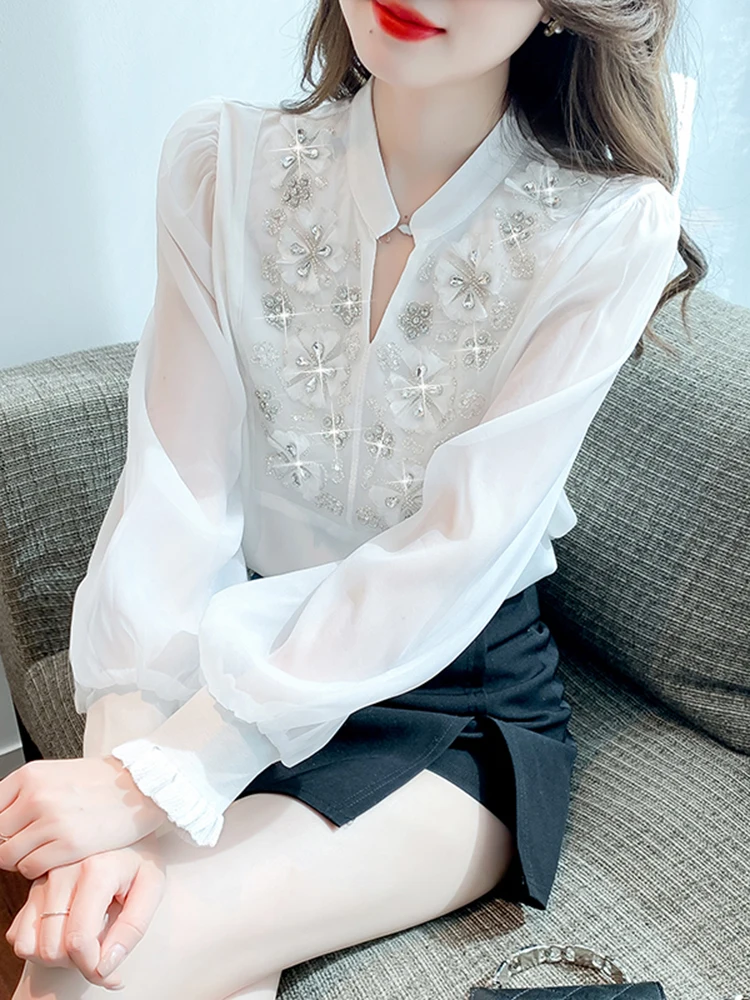 QOERLIN High Quality Beading White Shirts Elegant Women 2023 New Bubble Sleeve Tops Blouse Mesh Shirts Korean Fashion Outfits