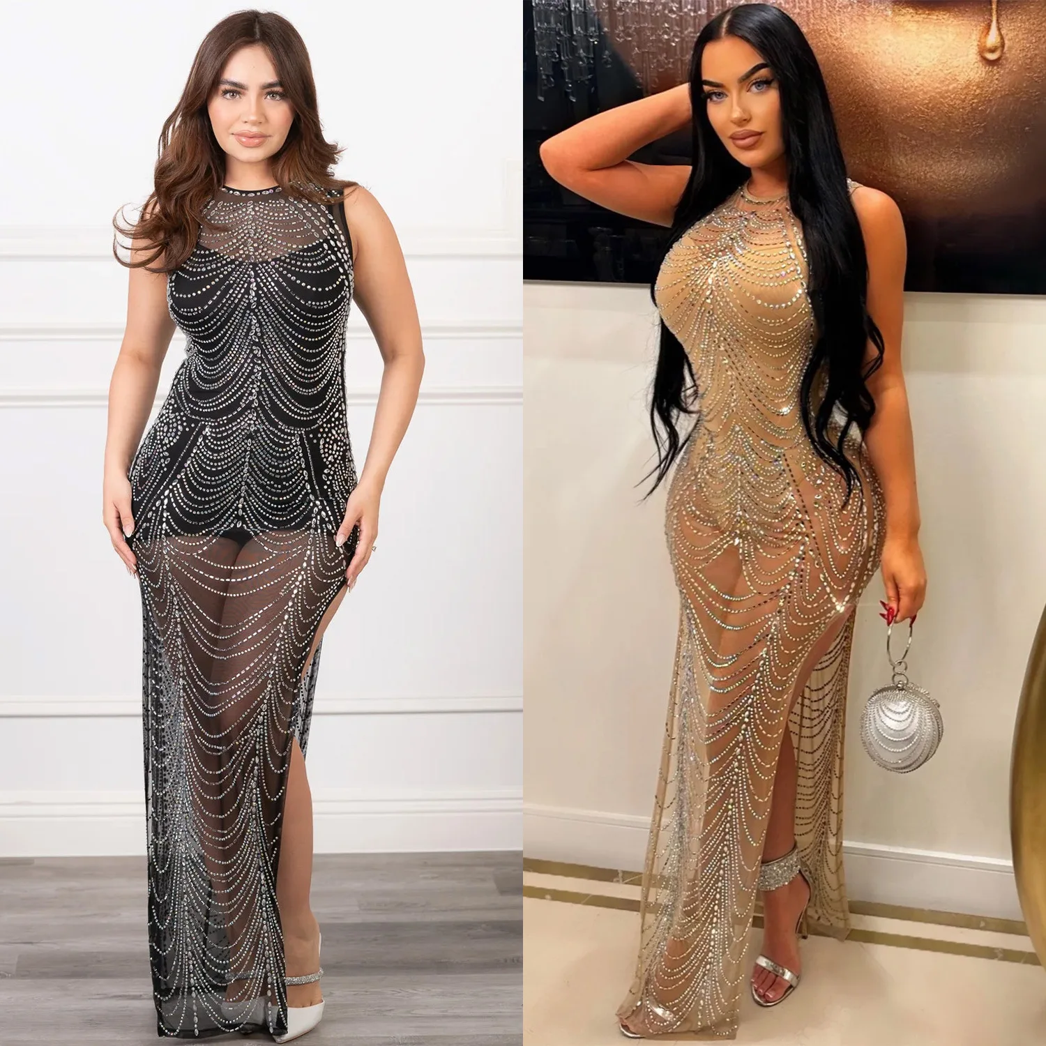 

Fashion women's clothing solid color mesh hot diamond sleeveless long dress sexy intellectual temperament elegant hot sale