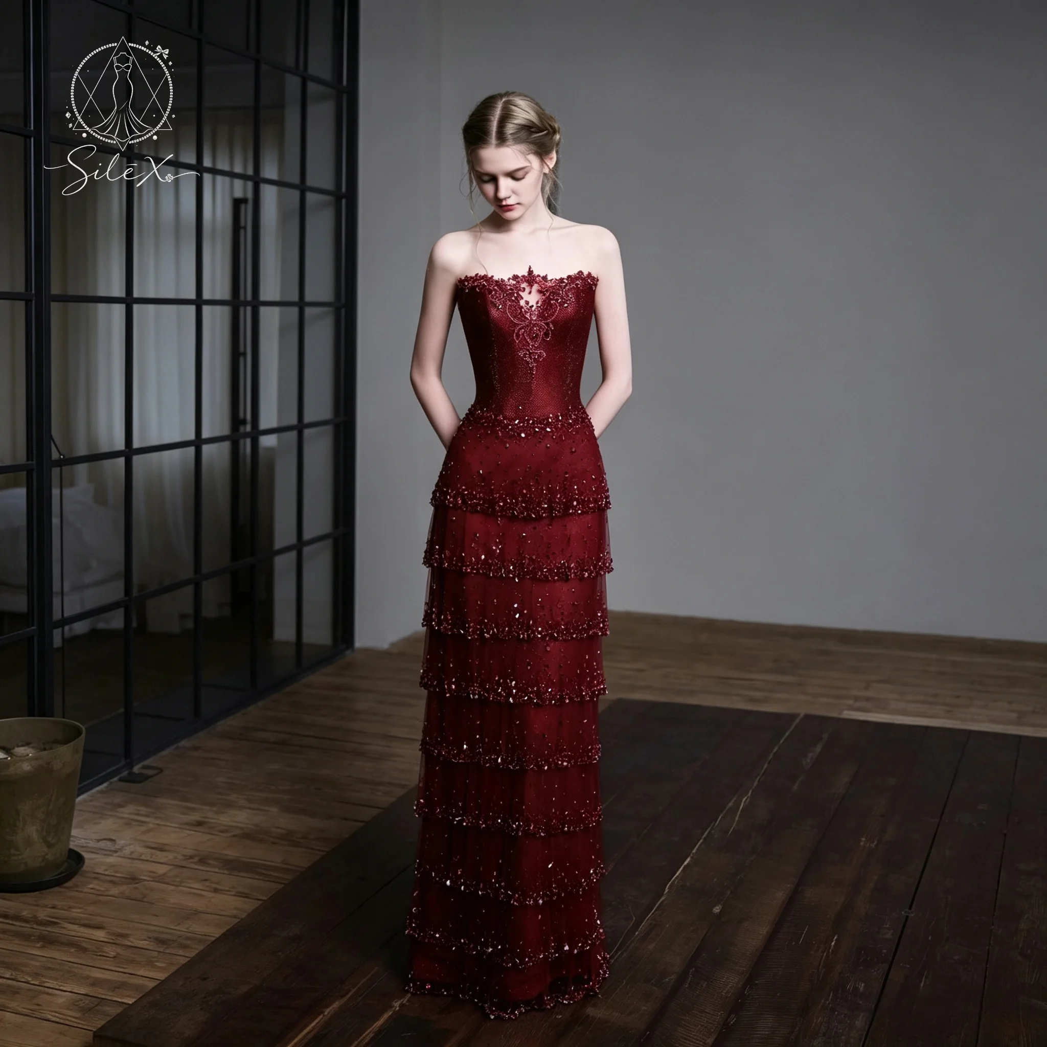 Burgundy Strapless Floral Appliqué Tiered Ruffle Sequin Tulle Evening Dress Matching Mesh Gloves Women Wedding Long Formal Gown