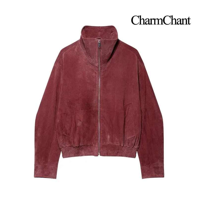 CHARMCHANT Women's Jacket Suede Stand Collar Full Zipper Elastic Hem Oversized Short Coat Vintage Casual Fashion New Fall 2026