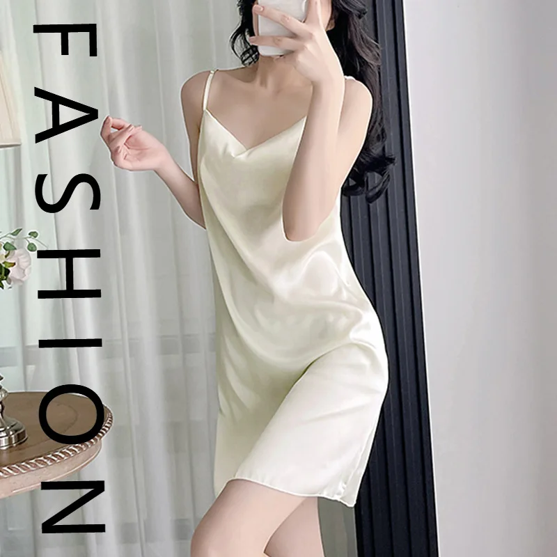 

Французская сексуальная ночная рубашка, женская летняя тонкая пижама из ледяного шелка, летняя пижама из чистого желания с открытой спиной и распашным воротником, подтяжки