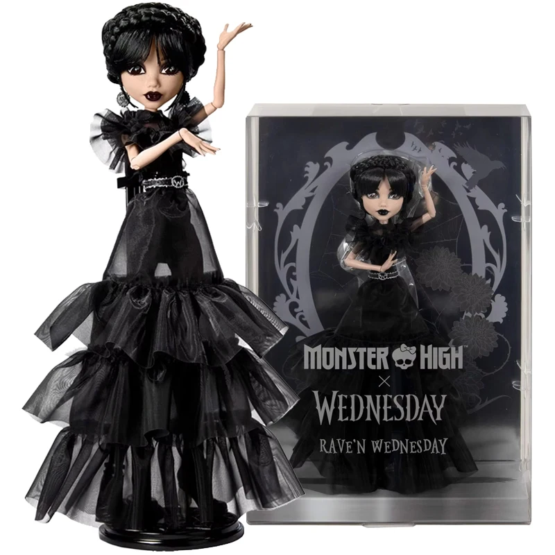 Muñeca Original Mattel Monster High Rave'N Wednesday, vestido gótico negro, escena de baile, colección de juguetes Premium para niñas, soporte de accesorios