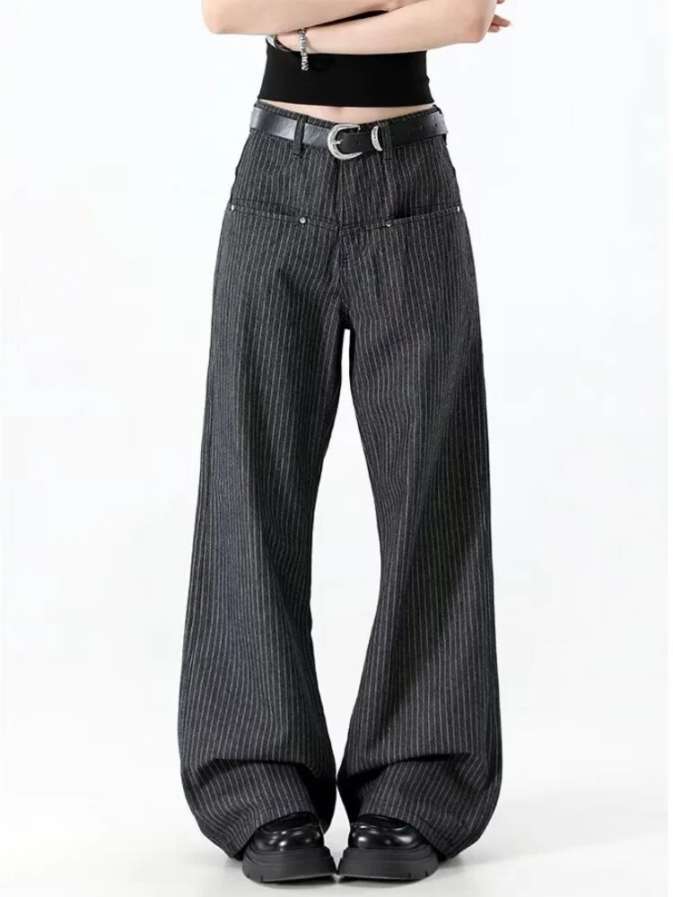 2025 Japanese Y2K Style Dark Grey Striped Baggy Women's Jeans Pants For Woman Clothing Straight Casual Long Trousers Ropa Mujer