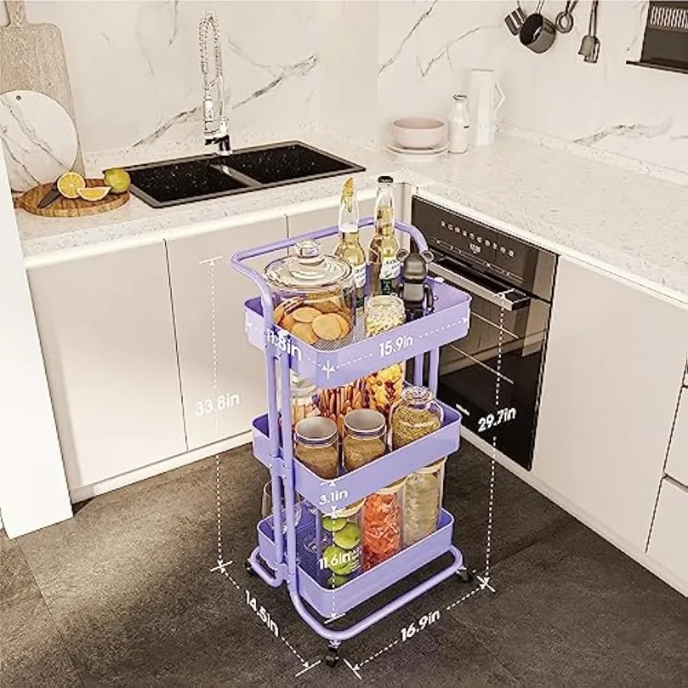 3-Tier Metal Rolling Utility Cart with Wheels, Multifunctional Organizer Storage for Office, Bedroom