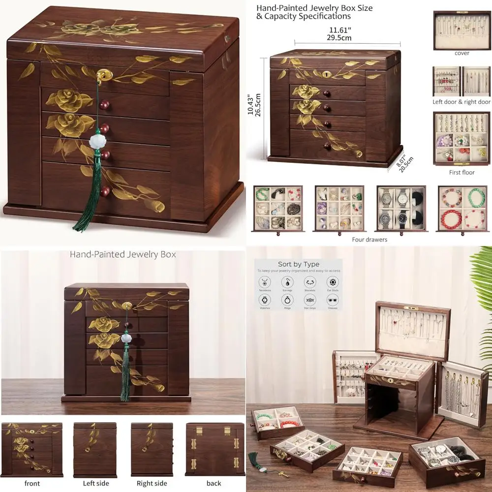 

8-Layer Wooden Jewelry Organizer with Lock for Women - Handcrafted Storage Box for Accessories