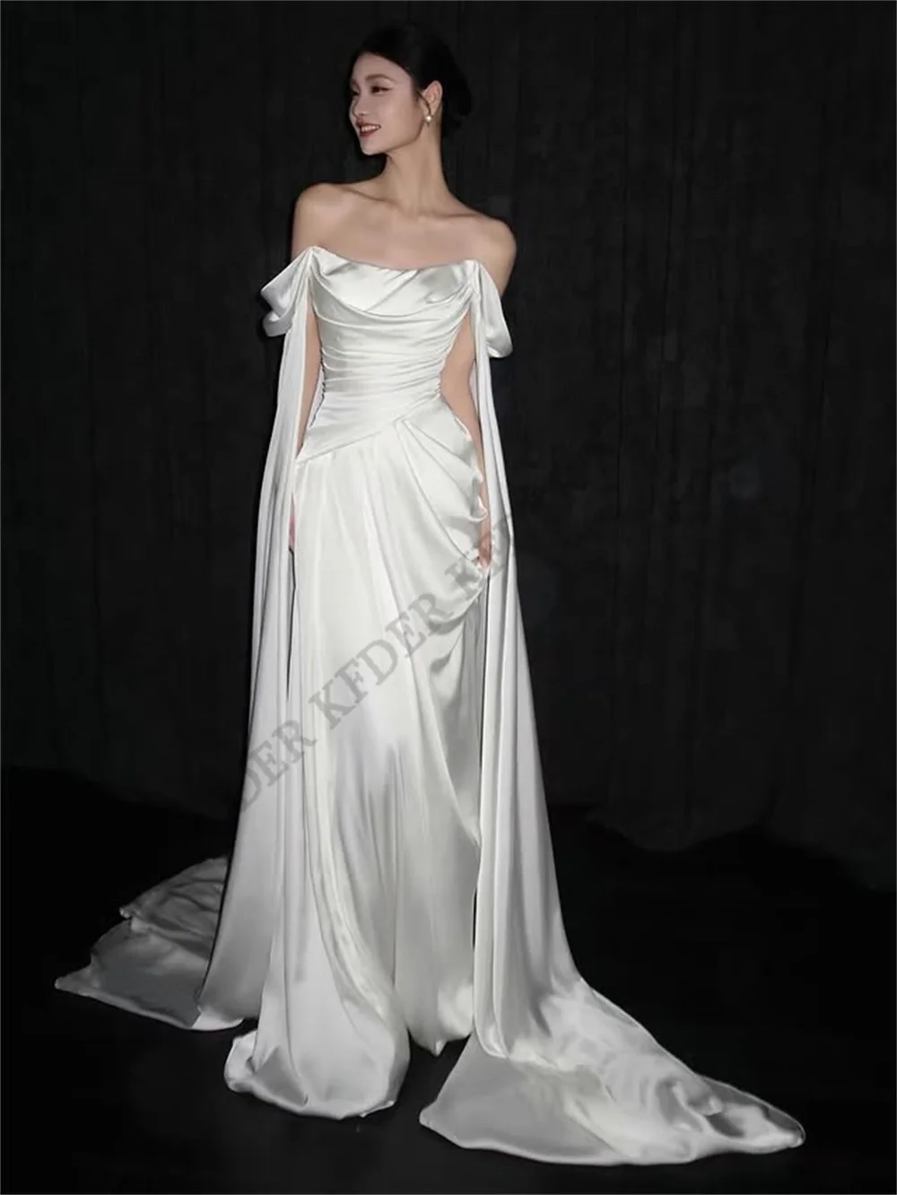 Elegant Wedding Dress Off Shoulder Corset Back Sweep Train A-Line Korea Photoshoot Bridal Reception Gown Custom 웨딩드레스 2026