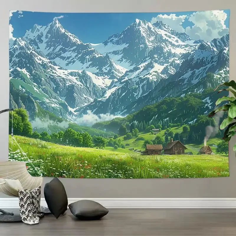 VIKAMA Anime Windmill Countryside Scenery Tapestry, High Definition Wear-Resistant Fabric Wall Hanging for Living Room