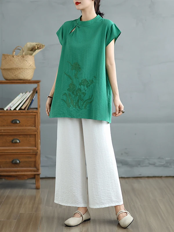 Conjunto de Lino y Aodón a la Moda con Csa Bordada de Cuello Alto con Botones y Plones Anchos de Pierna, Conjunto de...