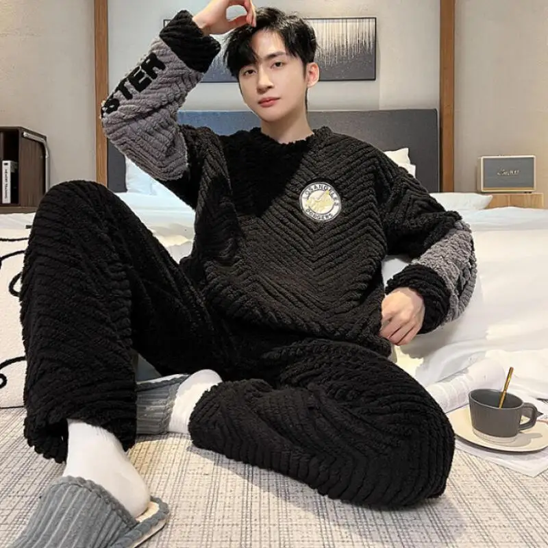 

Man Winter Clothing Pajamas Men Clothing Flannel Autumn Sportswear Youth Casual Wear Bath Clothes Y2K 2Pcs/set Homewear Thicken