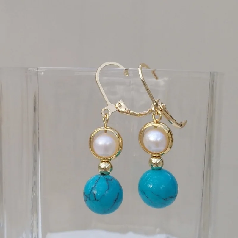 New Exotic Design Natural Seawater White Pearl Round Turquoise Drop Dangle Earrings 14k Gold Filled Hook