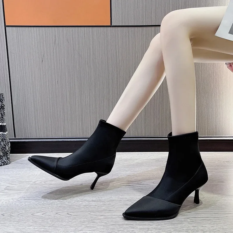 Thin Heels Ankle Modern Boots Winter Sexy 2024 High Quality Women\'s Shoes Slip-on Pointed Toe High Heel Sewing Women\'s Boots