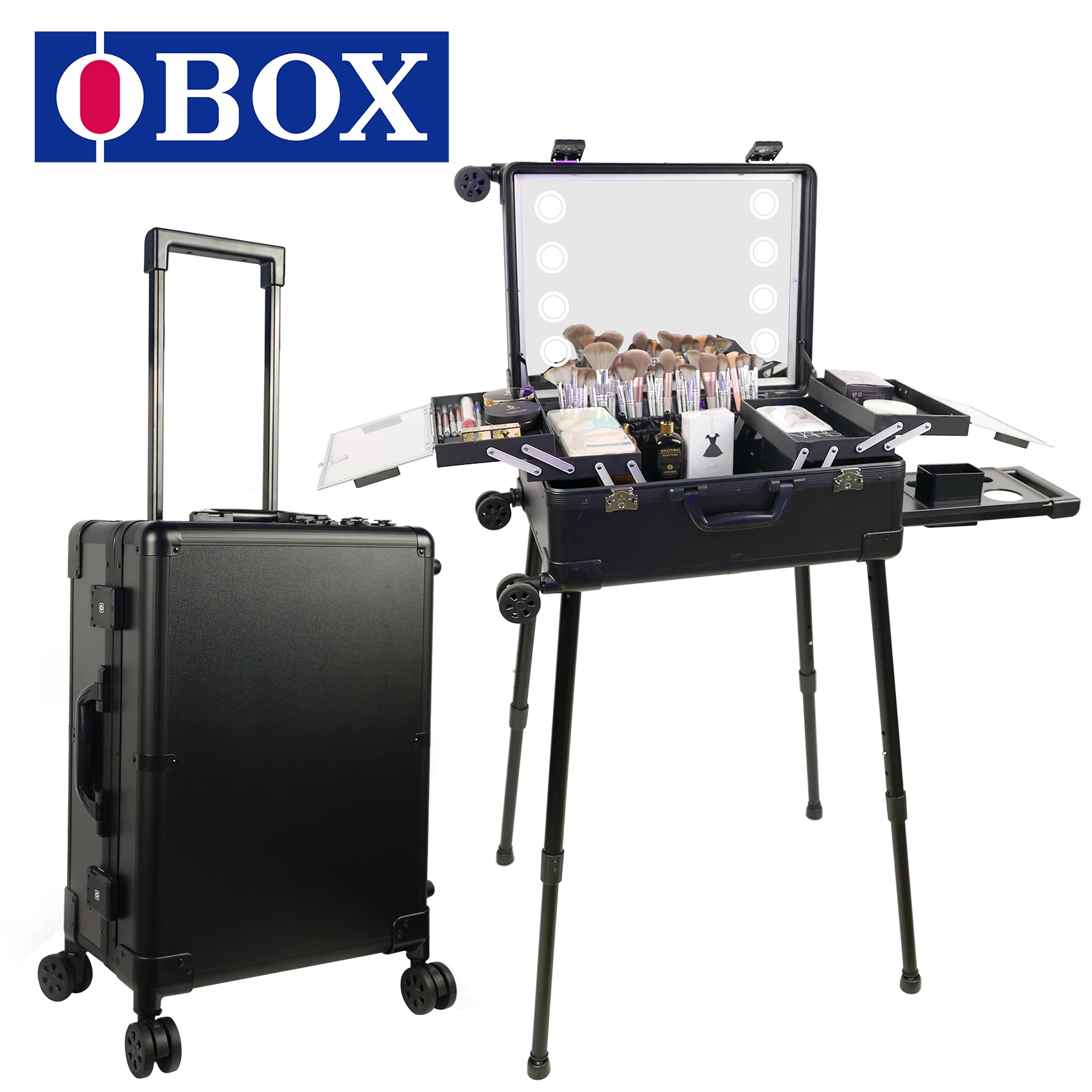 OBOX Professional Trolley Roller Makeup Case Large Led Mirror Audio Cosmetic Makeup Case