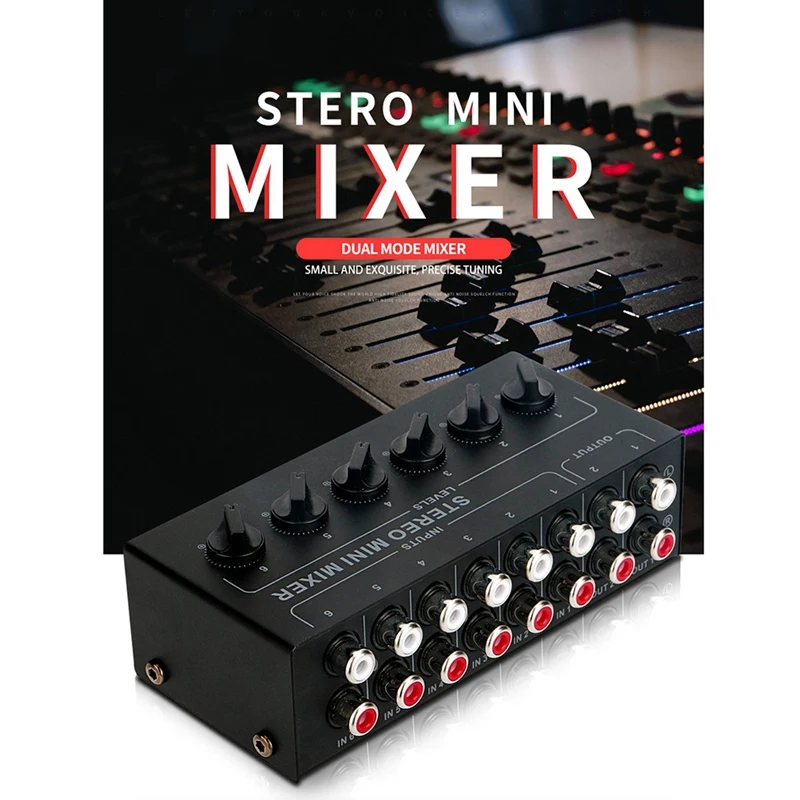 A99E-Channels Mixer Stereo Pasif Mixer Audio Mini Mixer Suara Portabel Input RCA Kebisingan Ultra Rendah untuk Studio Langsung