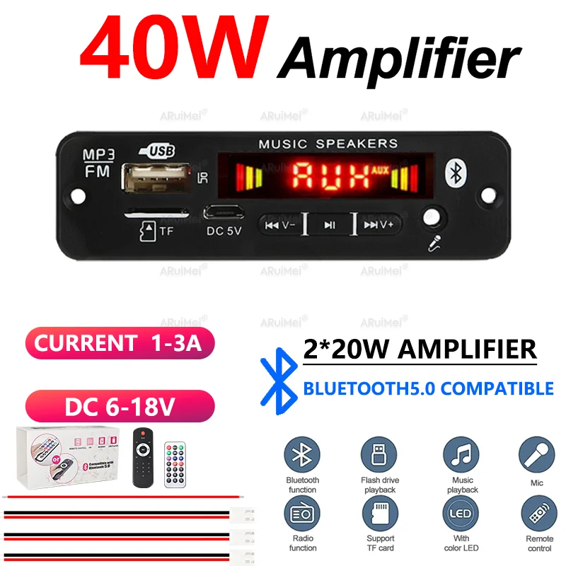 40W 2x20W Bluetooth Amplifier Complete Kit with Aluminum Case, Remote Control & Gift Box, AUX Input for Car Home DIY Speaker