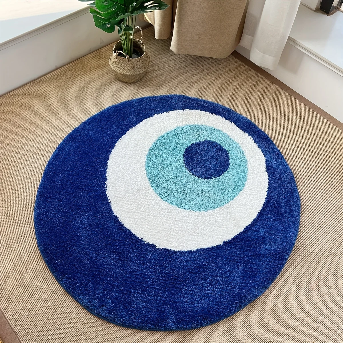 Blue Devil Eye Round Rug Plush Material TPR Non-slip Carpet Base Handcrafted Soft Cozy Home Decor