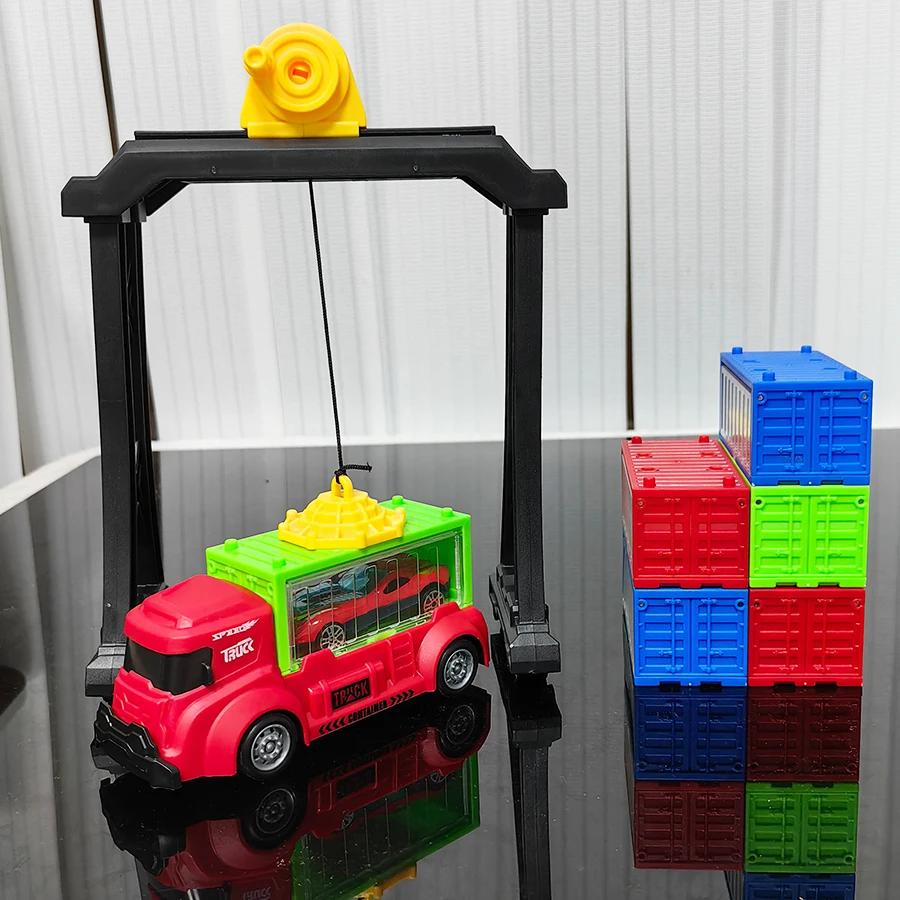 Transportvoertuig voor jongenscontainers, gecombineerd met portaalkraan+container+auto, ideaal verjaardagscadeau voor kinderen
