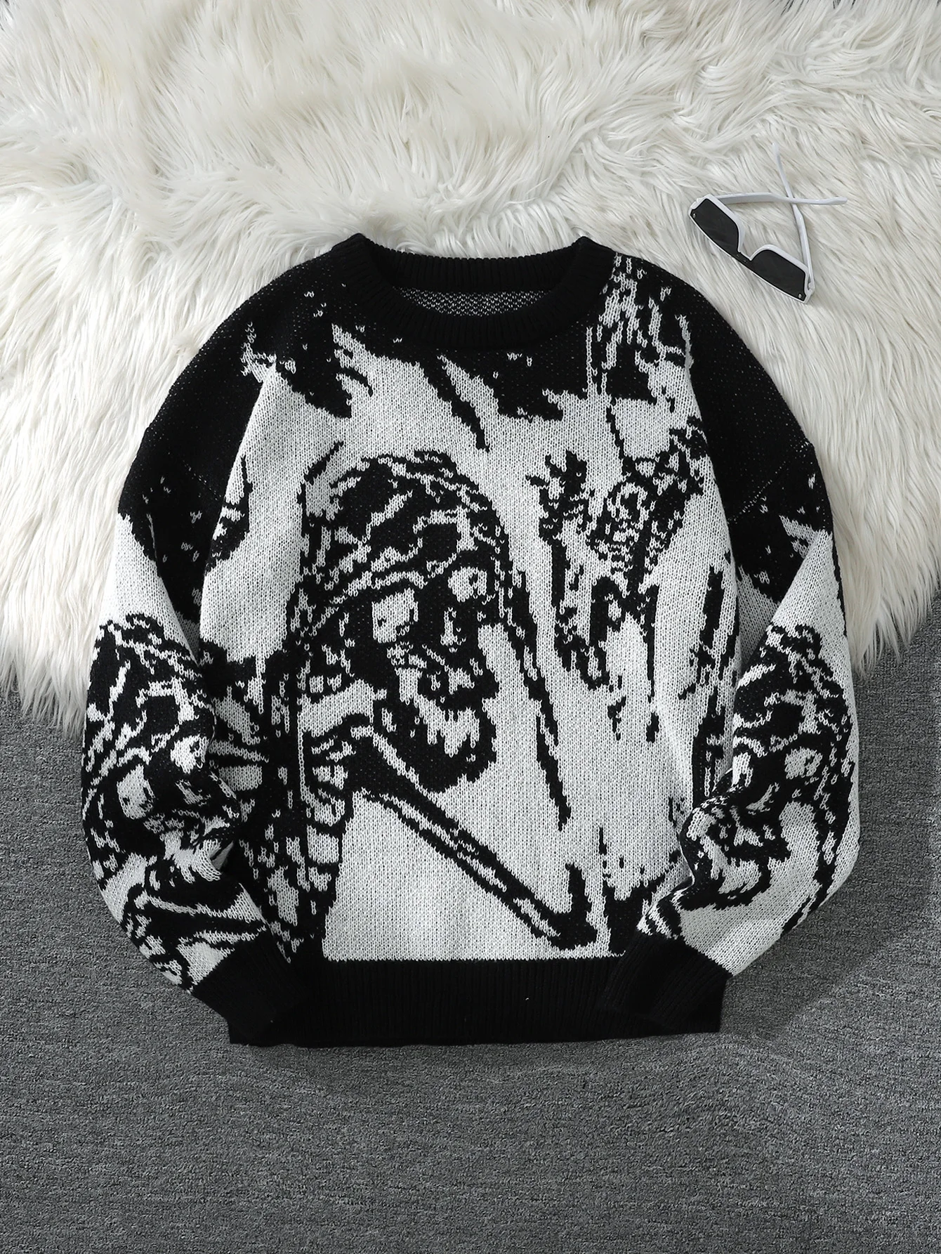 Autumn and Winter Abstract Hellish Skull Growling Jacquard Double-Sided Pattern Pullover Sweater Casual Crew Neck Knit Men's Pullover Sweater Suitable for Everyday Wear Unisex Outerwear