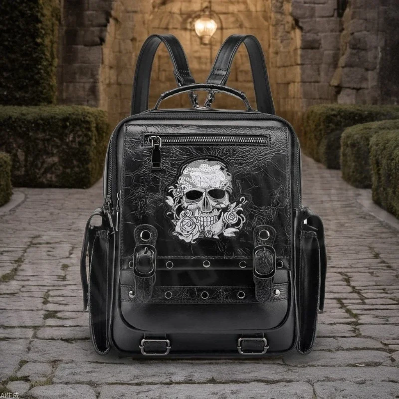 

Motorcycle Riding Backpack Extra Large Capacity Women's Backpack Skull Embroidered Handbag Computer Bag