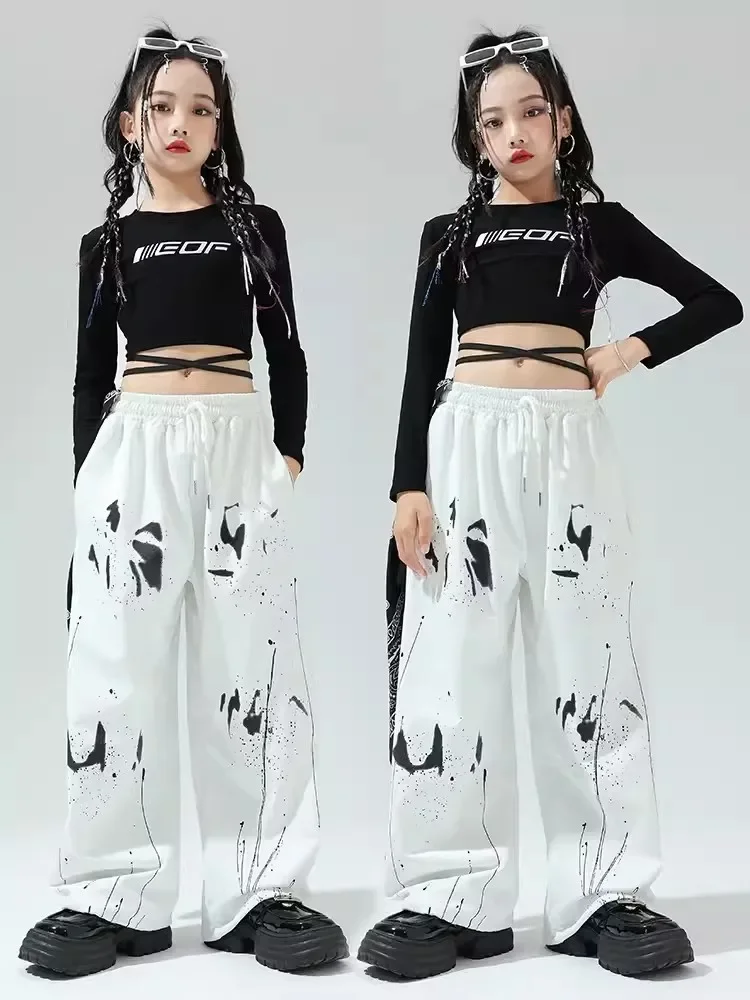 Kids Jazz Dance Kostuum Hiphop Kleding Voor Meisjes Lange Mouwen Tops Mode Witte Joggingbroek Modern Dance Performance Wear