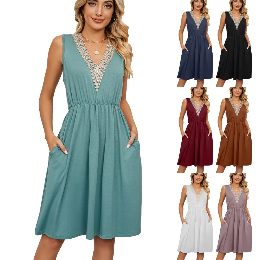 

【New style】 spring and summer solid color V-neck lace stitching sleeveless pocket waist dress