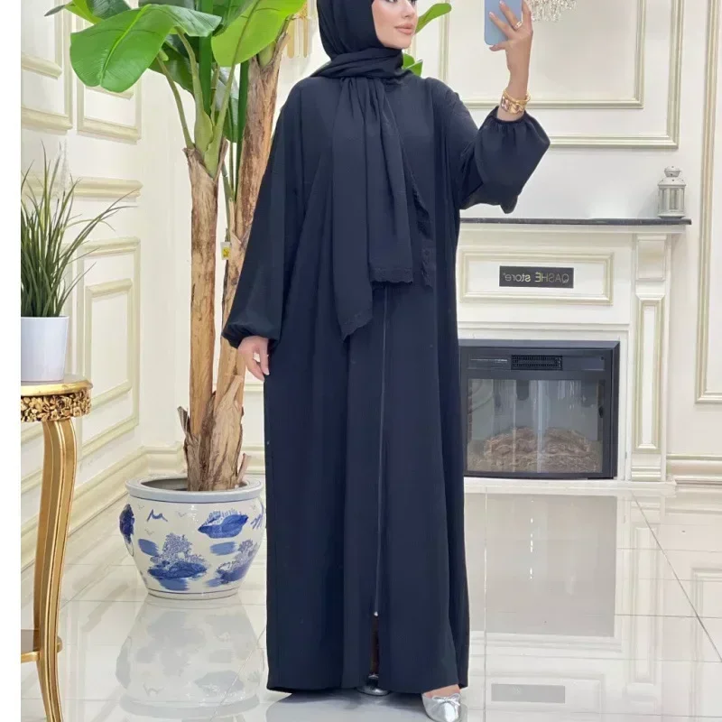 

Ramadan Hooded Abaya with Hijab Attached Lace Scarf Zipper Front Abayas for Women Dubai Muslim Jilbab Prayer Dress Islam Caftan