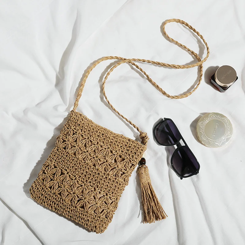 New Women Beach Woven Straw Shoulder Messenger Bag With Tassel Boho Hollow Out Crochet Crossbody Handbag Macrame Clutch Purse