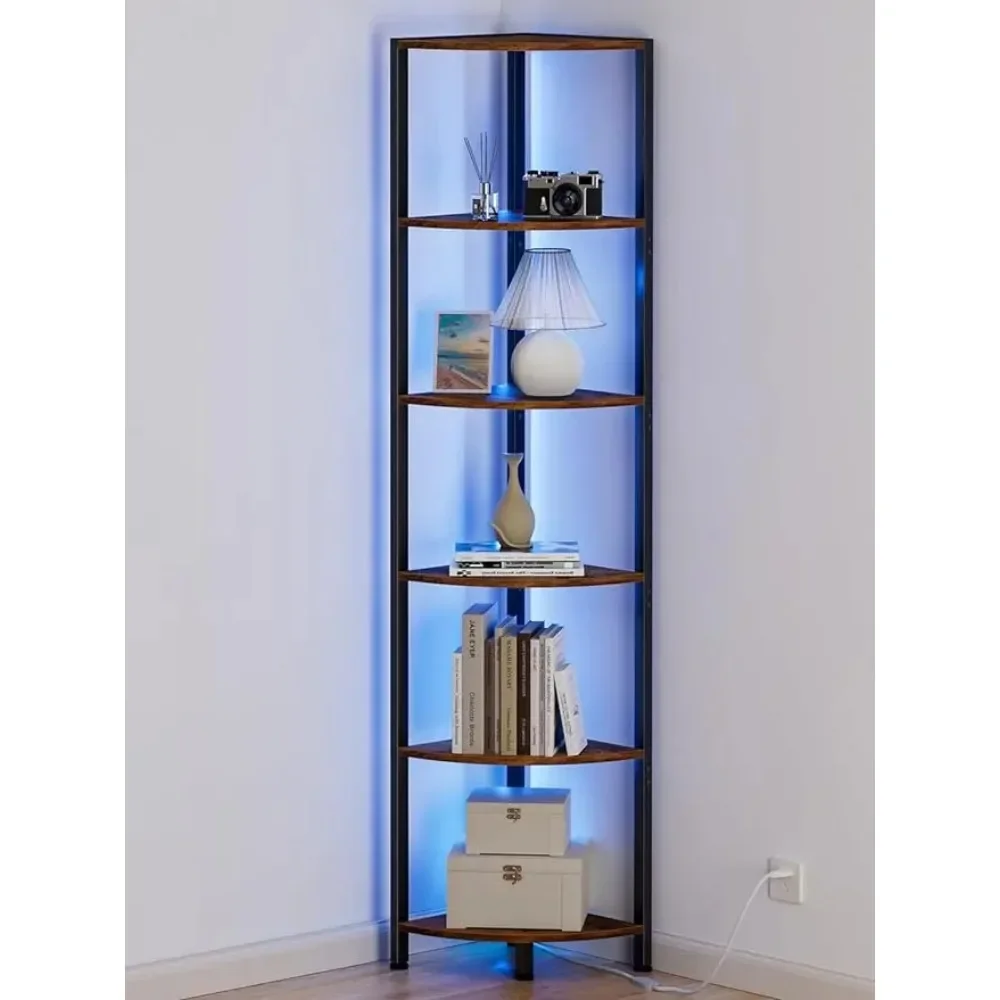 

6 Tier Corner Shelf with LED Light, 67.5” Tall Standing Shelf Organizer, Narrow Bookshelf with Storage Rack for Wall Co