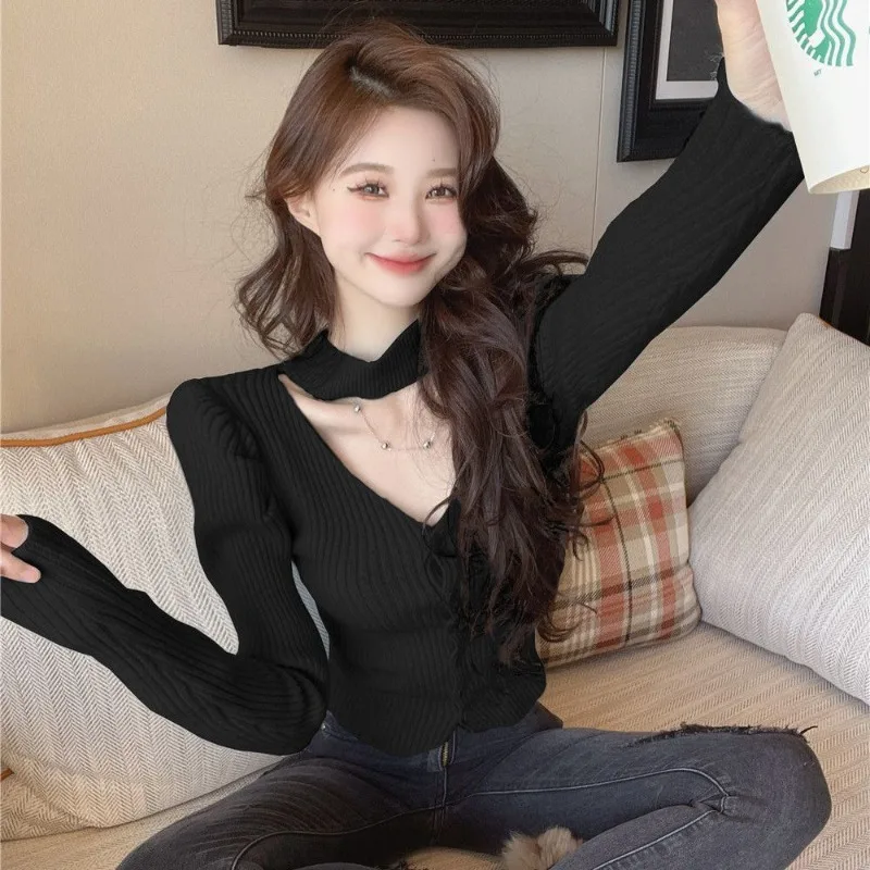 Puff Sleeve Knitting Bottoming Shirt Women Autumn Sexy Halter V-neck Tops Ladies Fashion All-match Knitwear Long Sleeve Sweater