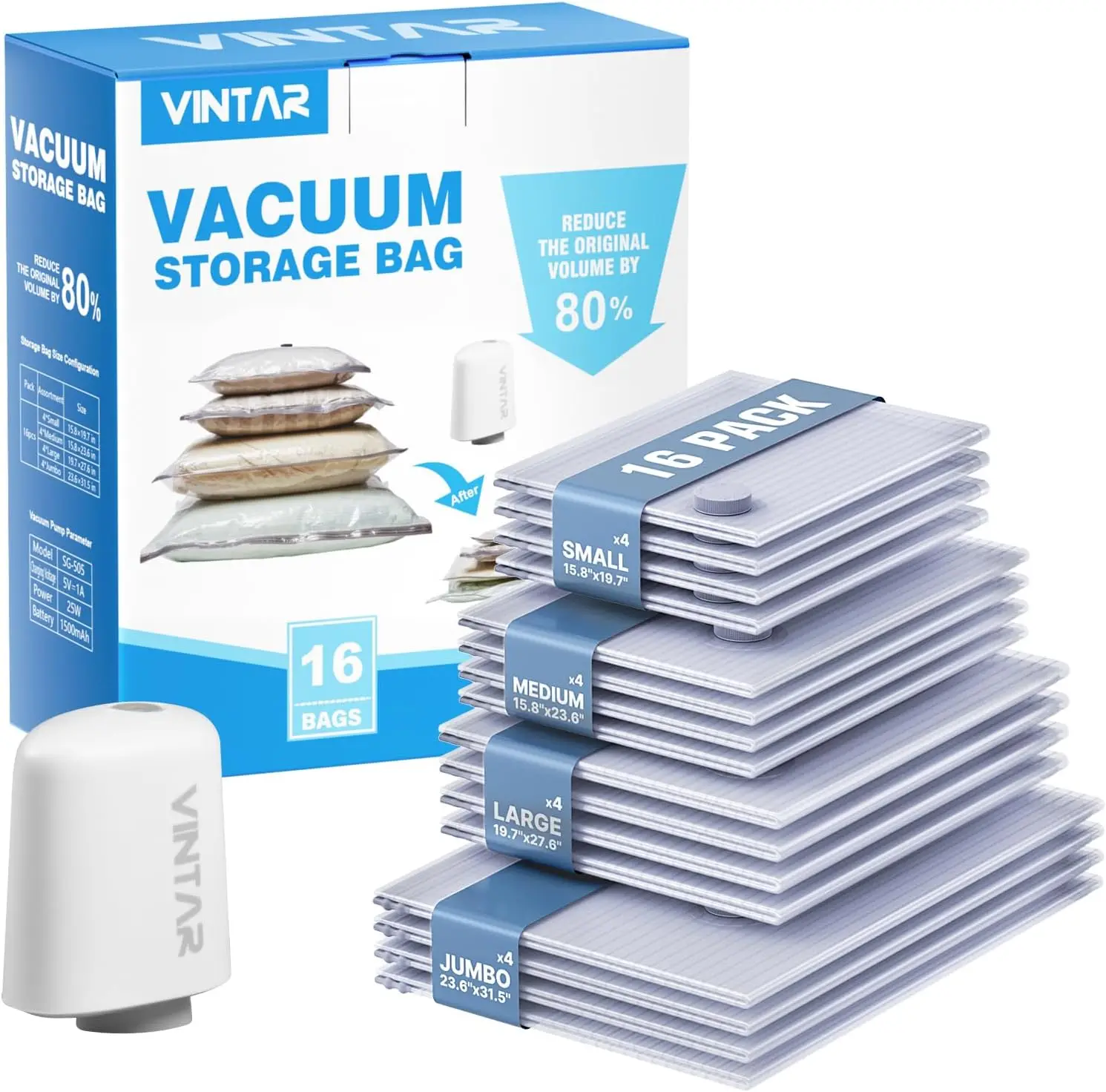 

Rechargeable Cordless Pump Vacuum Compression Bags for Clothes Carry-on Size 16 Pack Space Saver Storage