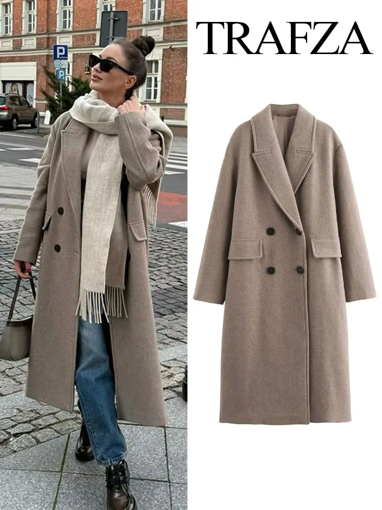 TRAFZA Women Autumn Casual Overcoat Solid Turn-Down Collar Long Sleeve Pockets Double Breasted Female Fashion Coat 2 Color