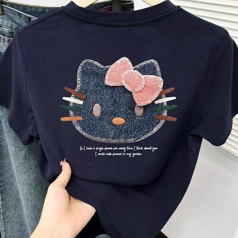 

Футболка Sanrio Hello Kitty с коротким рукавом, облегающая, с милым принтом, для женщин, летняя, модная, повседневная одежда