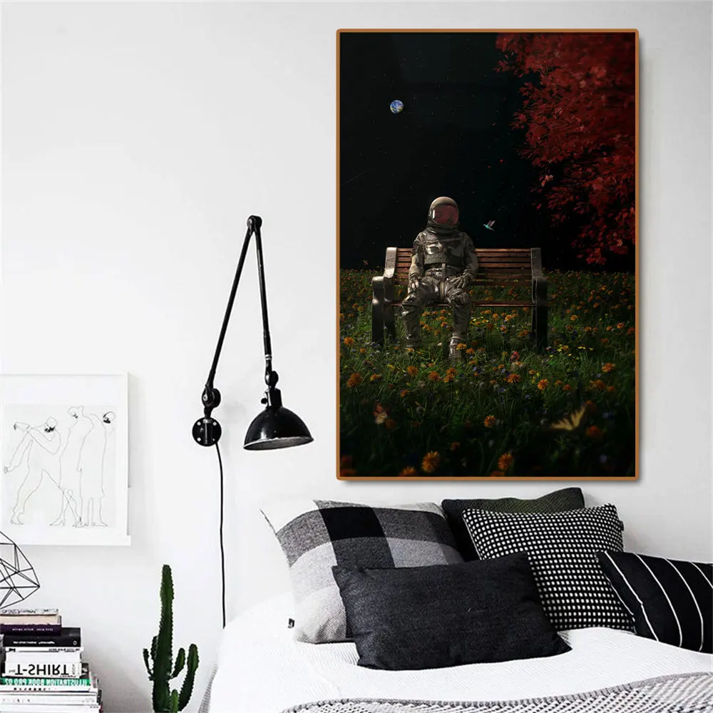 Modern Astronaut Space Flower Poster Print Wall Picture Abstract Romantic Lovers Artwork Canvas Painting For Home Decor Cuadros