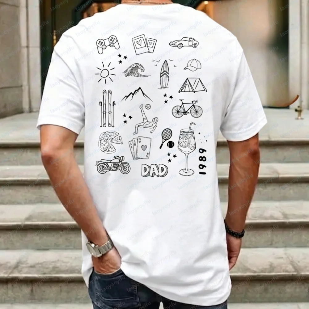Personalized Doodle T-shirt Featuring Your Choice of Designs and Hobbies As Line Illustrations Outdoors High Quality Cotton Tops