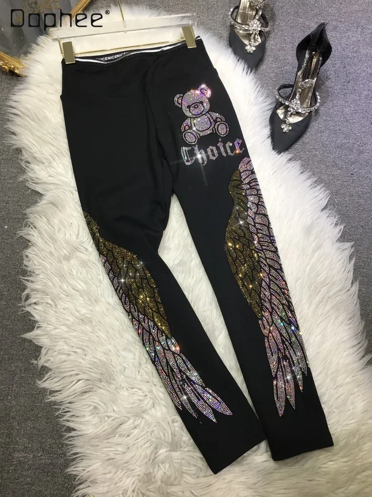 Heavy Industry Cartoon Rhinestone Slim Fit Leggings Women 2024 Spring and Summer Thin Bear Wings Black Tapered Pants Female