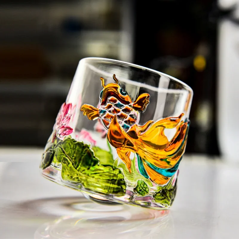 1 Pcs Elegant Koi Fish and Lotus Glass Rotating Cup with Bracket Perfect Gift Idea Handmade Transparent Glass Whiskey Cup
