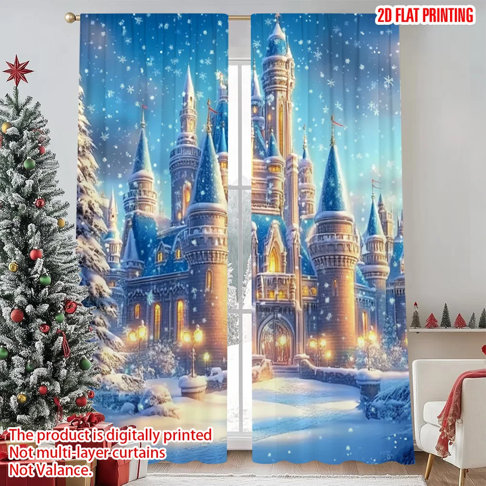

2pcs 2D flat printing Merry Christmas Curtain Snow Castle Versatile 100% Polyester Without Electricity Family Party Decoration
