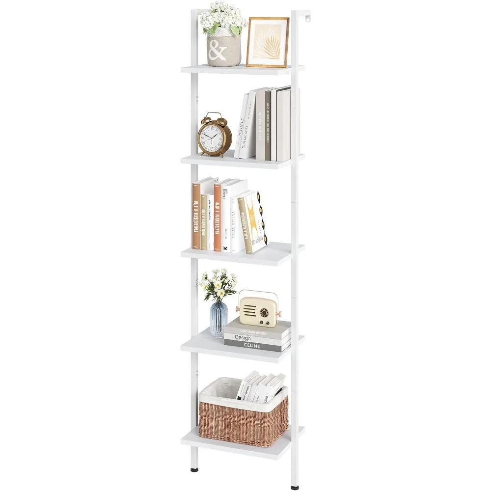 

ELYKEN Ladder Shelf, White 5-Tier Wood Wall Mounted Bookshelf with Metal Frame, Modern Open Display Organizer Rack, Leaning